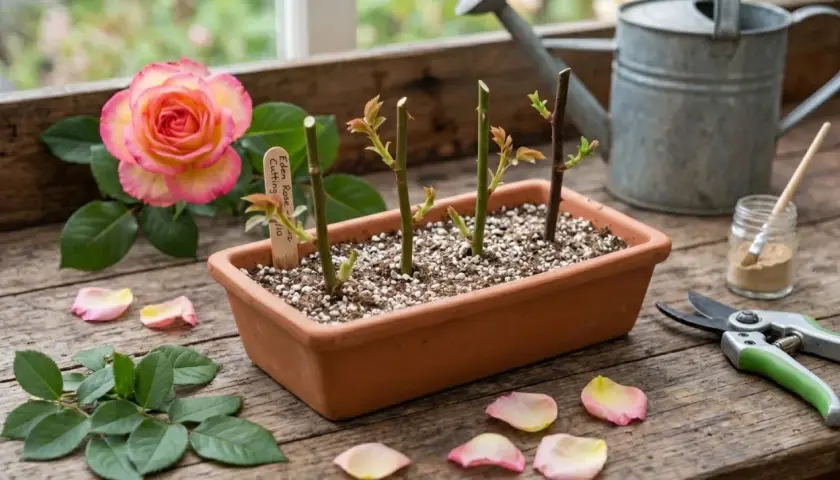 Boutures de rosier en terre, prêtes à prendre racine. Une belle rose rose et jaune à côté, ainsi que des pétales et des feuilles.