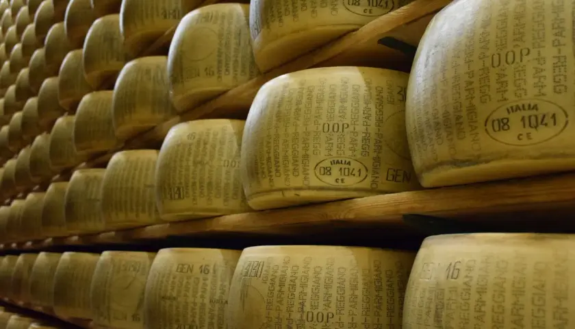 Quesos Parmigiano-Reggiano apilados en estanterías de madera. En España, como se llama el queso parmesano es Parmesano.