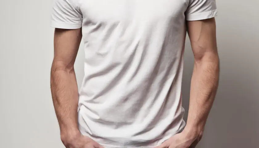 Mann im weißen T-Shirt mit Händen in den Hosentaschen.
