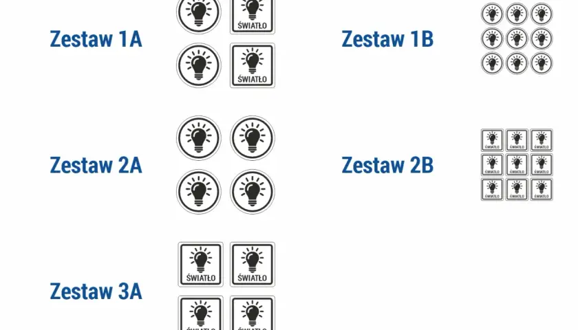 Zestawy oznaczeń włączników światła: ikony żarówki w okręgu i kwadracie z napisem "ŚWIATŁO".