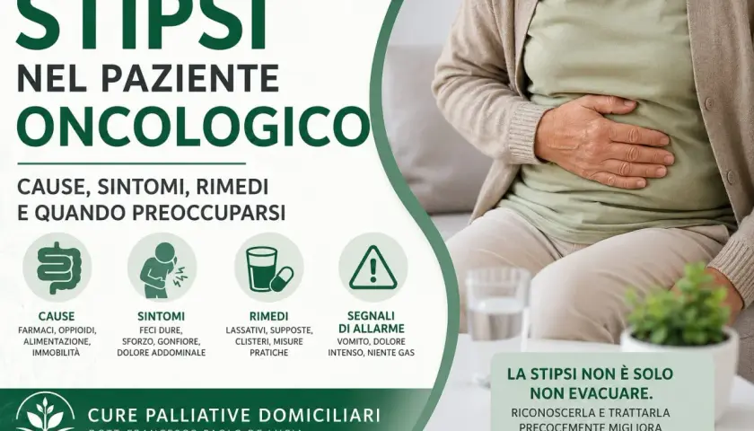 Donna con mano sull'addome, soffre di stipsi e difficoltà a evacuare. Informazioni su cause, sintomi e rimedi per la stipsi nel paziente oncologico.