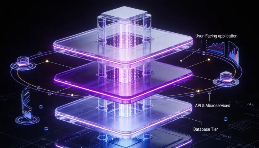 Architecture logicielle en couches, illustrant l'hébergement SaaS avec une application utilisateur, des microservices et une base de données.