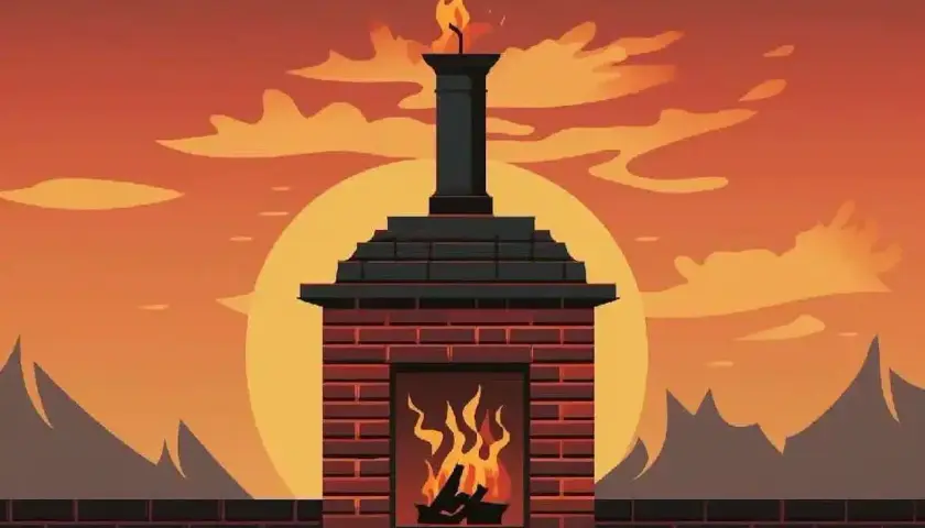 Chimenea de ladrillo con fuego y humo ascendiendo. El humo de la chimenea es malo para el aire, especialmente con este atardecer anaranjado.