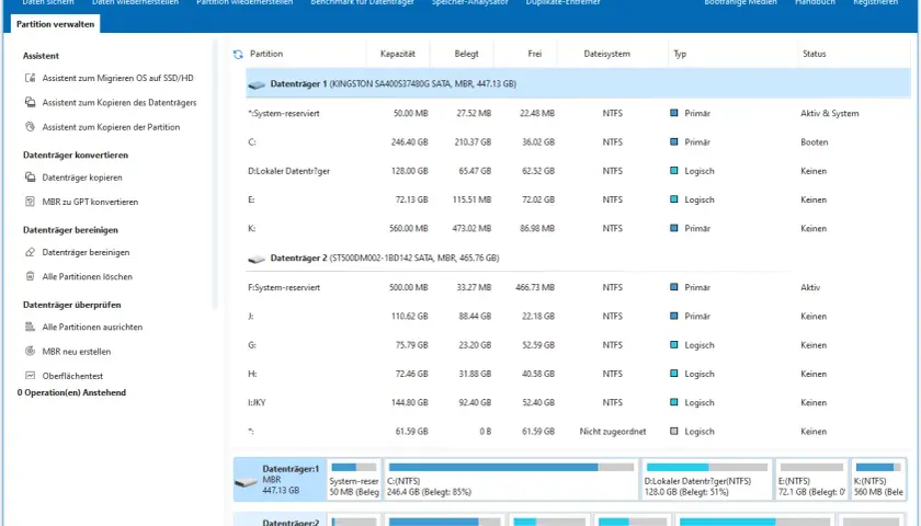 MiniTool Partition Wizard zeigt Datenträger mit MBR-Partitionierung an. Hier werden die Partitionen, Kapazitäten und Dateisysteme aufgelistet.