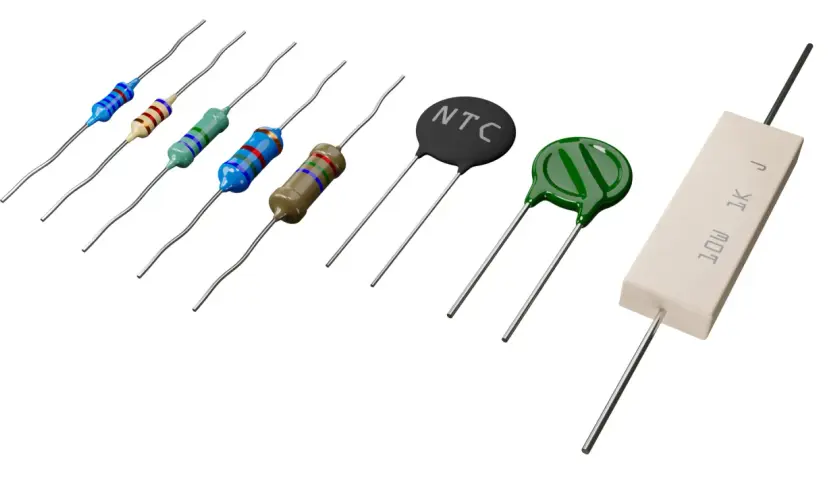 Różnorodne elementy elektroniczne: rezystory kolorowe, termistor NTC, warystor i rezystor ceramiczny.