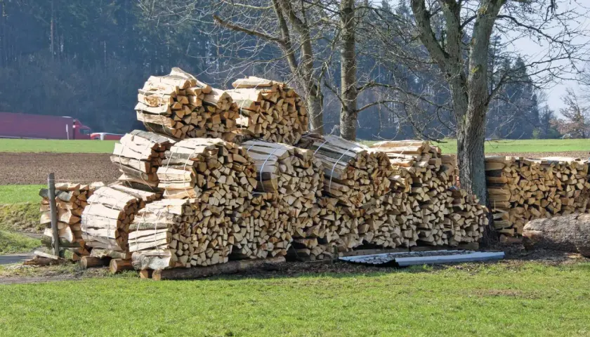 Stapel von gespaltenem Weichholz, bereit für den Verkauf. Der Preis pro Ster Weichholz ist hier günstig.