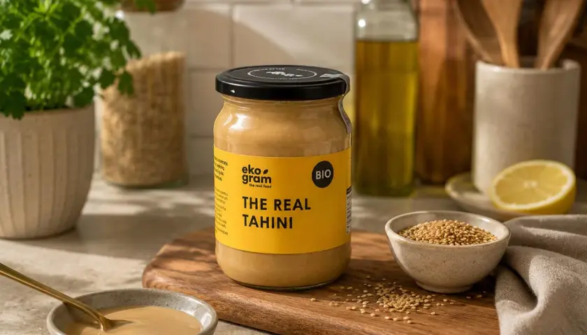 Słoik z napisem "The Real Tahini" obok miseczki z ziarnami sezamu i cytryną. Tahini to pasta z sezamu, idealna do hummusu.