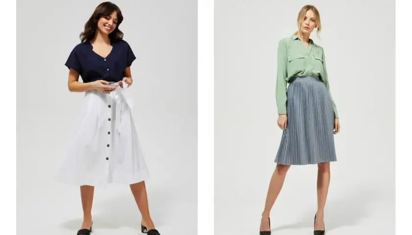 Dwie kobiety prezentują eleganckie zestawy: biała spódnica z granatową bluzką i zielona bluzka z niebieską spódnicą. Idealny dress code na lato.