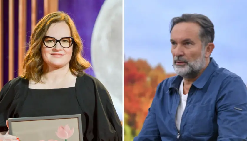 Joanna Kołaczkowska w okularach i mężczyzna z brodą w niebieskiej kurtce.