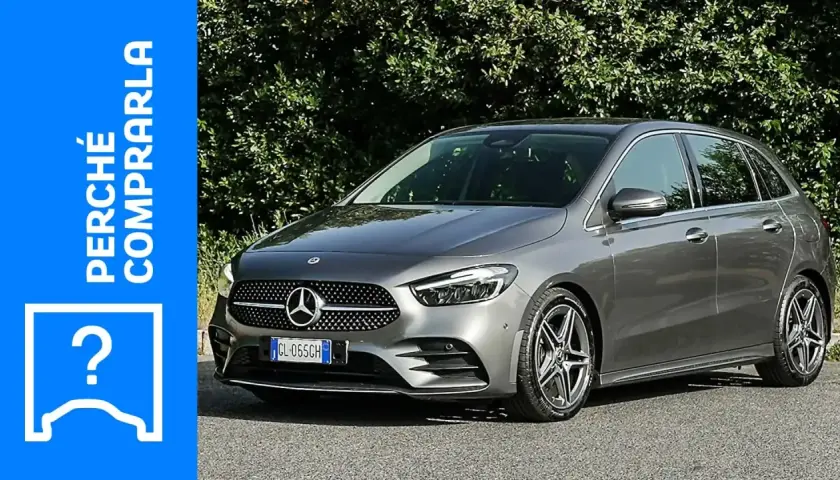 Mercedes-Benz Classe B 180 CDI grigia, con testo "Perché comprarla" e un punto interrogativo.