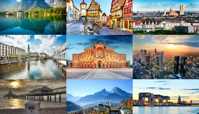 Collage zeigt top Urlaubsorte: Bergsee mit Schloss, mittelalterliche Stadt, München, Hamburg, Dresden, Frankfurt, Ostseestrand, Alpenpanorama, Köln.