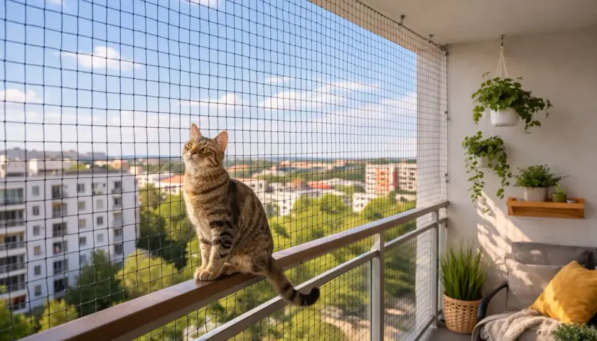 Kot na balkonie, zabezpieczonym siatką, cieszy się widokiem. To idealne meble dla kota na balkon, zapewniające mu bezpieczeństwo i przestrzeń do obserwacji.