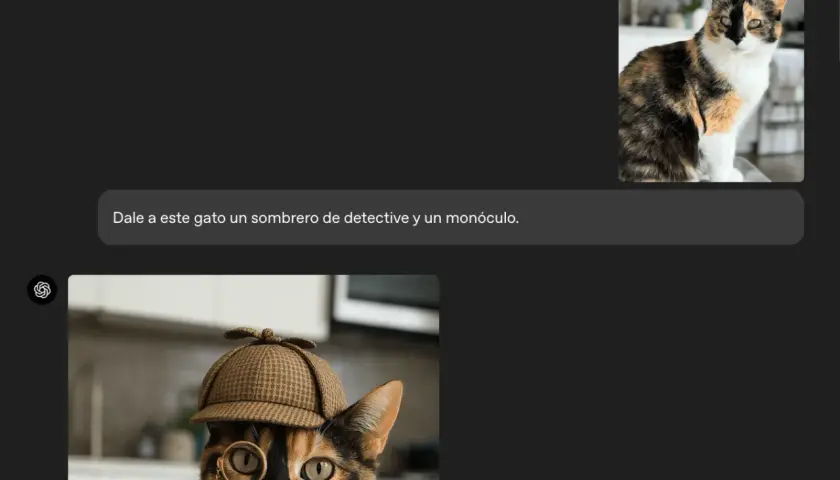 Gato atigrado con sombrero de detective y monóculo, como en las **chatgpt fotos**.