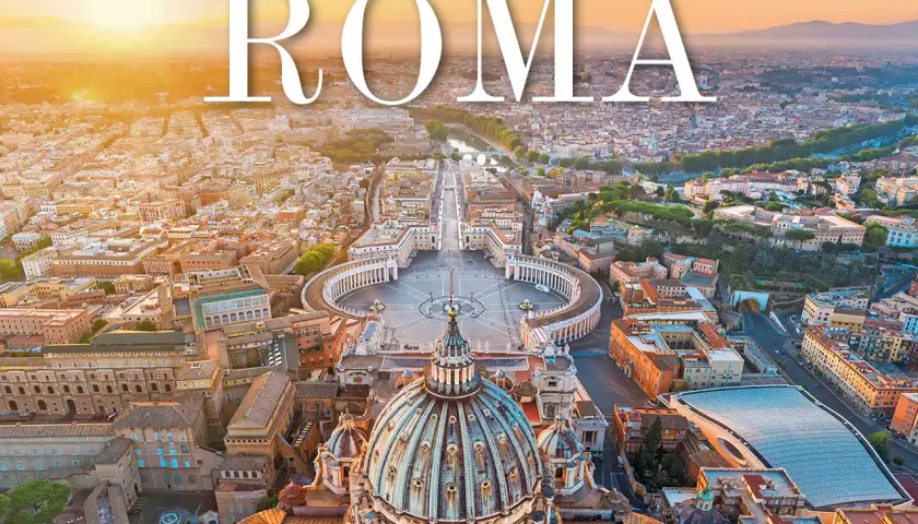 Vista aerea di Roma, con la cupola di San Pietro in primo piano. Un invito a scoprire i migliori lugares visitar Roma al tramonto.