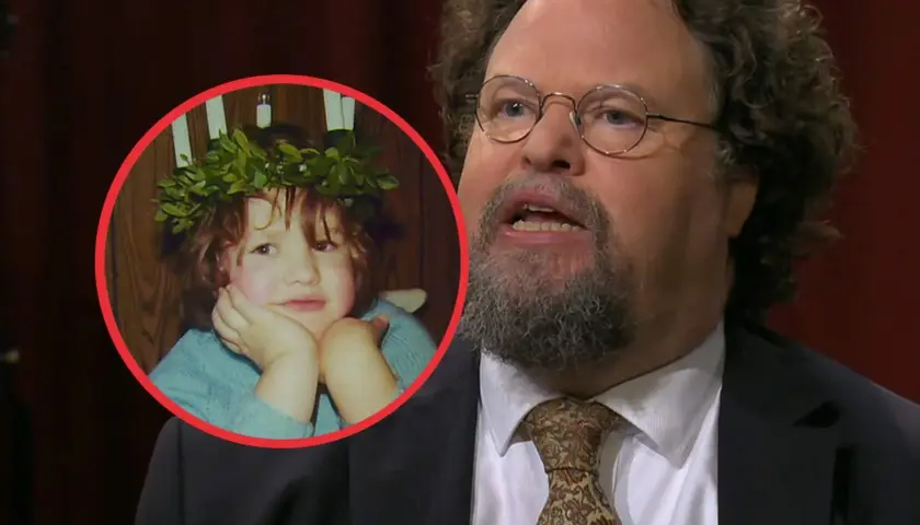 Edward Blom som barn med ljus i sitt krans, bredvid en vuxen Edward Blom.