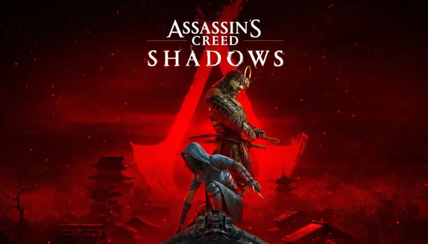Dwóch zabójców, jeden w zbroi samuraja, drugi w kapturze, czai się na dachu. Tytuł gry Assassin's Creed Shadows.