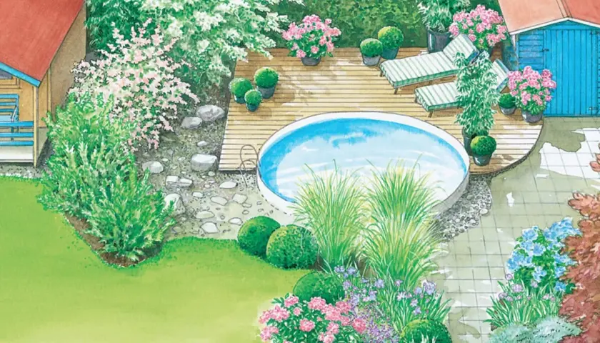 Traumhafte aufstellpool garten ideen: Ein runder Pool auf Holzdeck, Liegestühle, blühende Sträucher und ein gepflegter Rasen laden zum Entspannen ein.