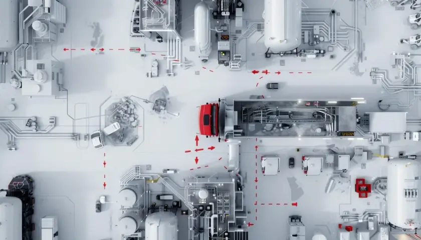 Eine rote LKW-Flotte optimiert die milk run logistics auf einem Fabrikgelände mit komplexen Rohrleitungen und Behältern.