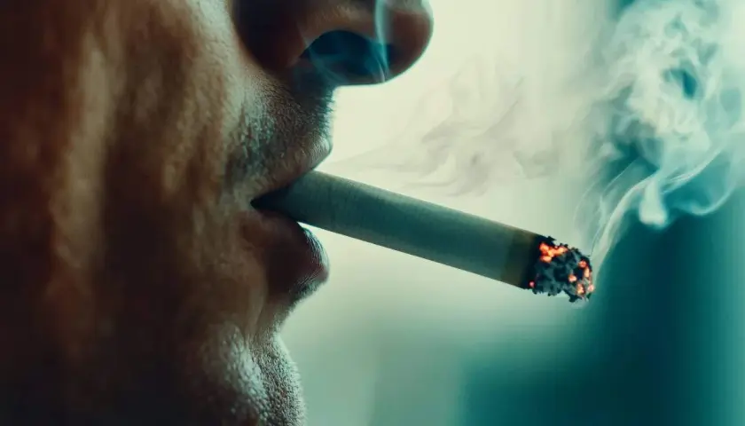 Dym papierosowy unosi się z ust mężczyzny. Pytanie: czy po wyrwaniu zęba można palić?