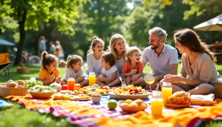 Radosny piknik rodzinny w parku. Rodzina siedzi na kocu, otoczona jedzeniem i napojami, ciesząc się wspólnym czasem na świeżym powietrzu.