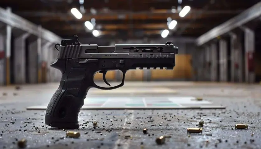 Pistolet moderne, idéal pour le tir sportif avec licence. Des douilles jonchent le sol d'un stand de tir.