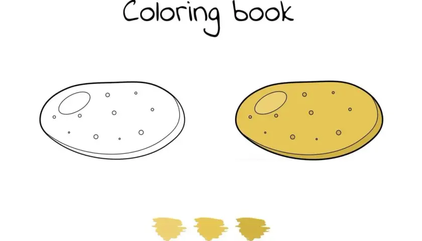 Un dibujo para colorear de patatas. Una patata en blanco y negro para pintar y otra ya coloreada de amarillo.