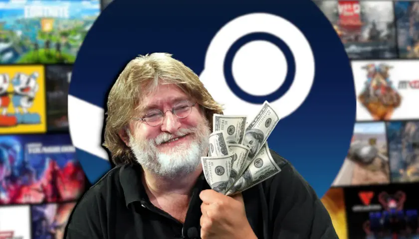 Gabe Newell z kupką dolarów, zastanawiasz się, czy Steam zwraca pieniądze na konto bankowe? Tło to logo Steam i okładki gier.