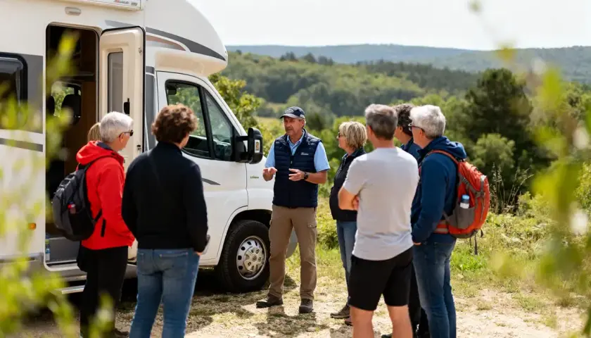 Un groupe écoute un guide près d'un camping-car, prêt pour des sorties organisées en camping-car dans un paysage verdoyant.