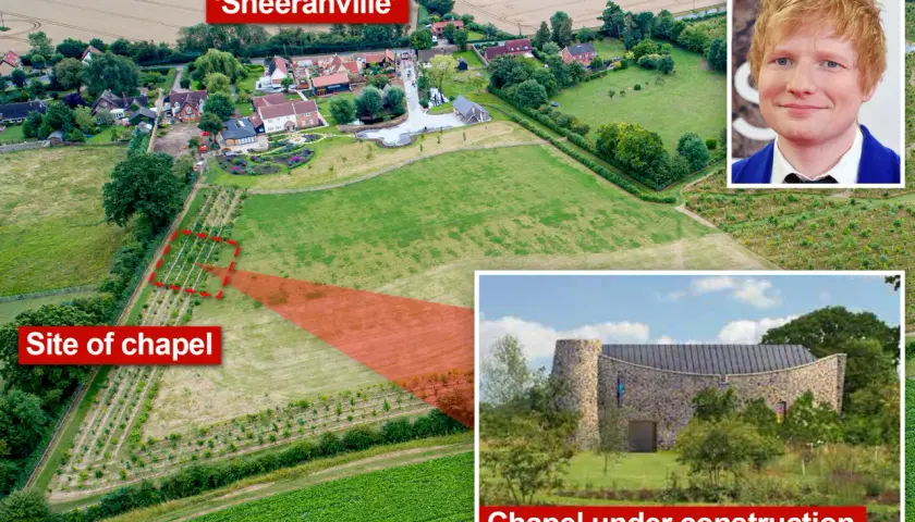 Ed Sheeran, jego posiadłość w Suffolk, budowana kaplica i widok z lotu ptaka.