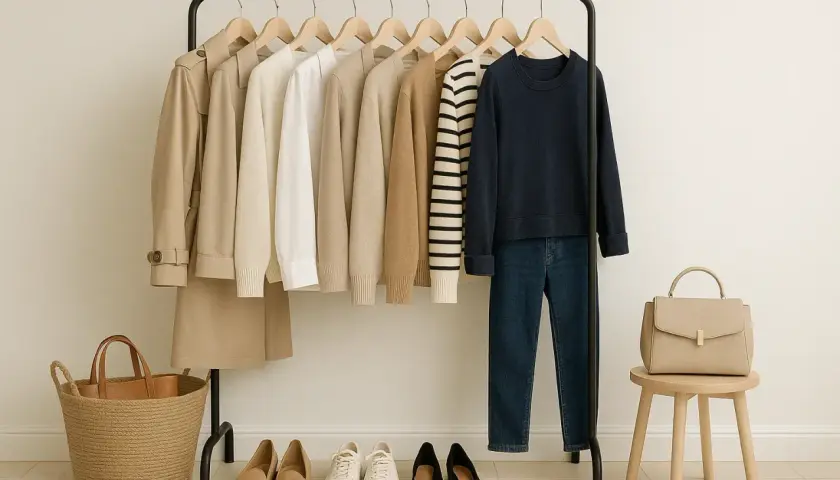 Un armario cápsula con prendas neutras: gabardina, jerséis, camisa, sudadera y vaqueros. Zapatos planos, zapatillas y bolso completan el look.