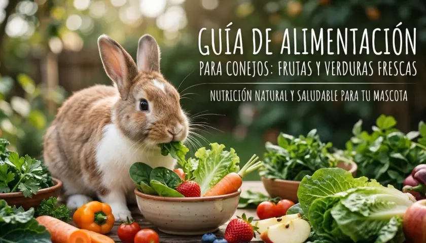 Conejo comiendo lechuga, rodeado de una tabla de alimentos para conejos: zanahorias, fresas, pimientos y más.