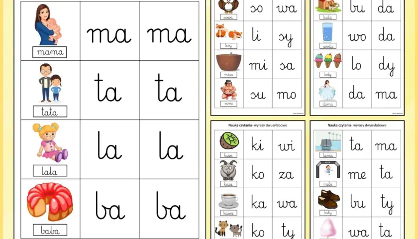 Karty pracy sylaby do druku: mama, tata, lala, baba, sowa, lisy, misa, sumo, buda, woda, lody, dama, kiwi, koza, kawa, koty, tama, meta, buty, wata.