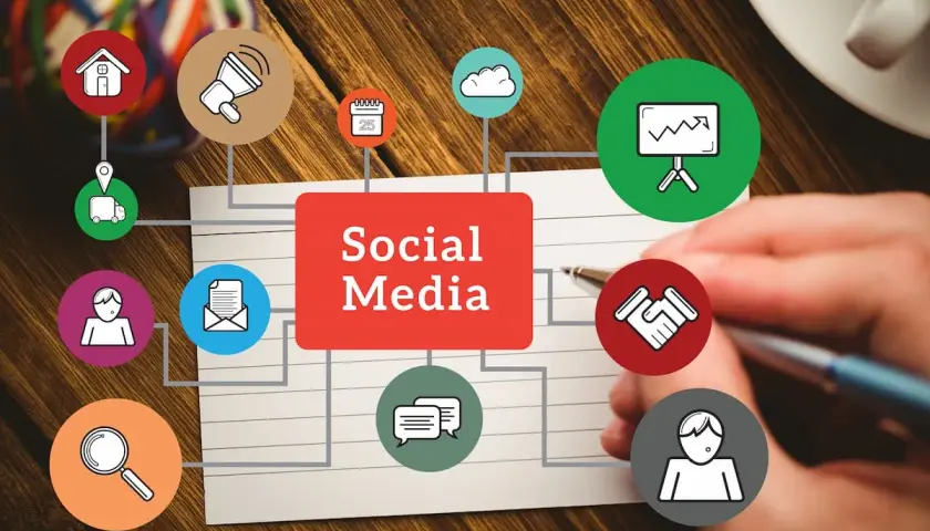 Koncepcja pracy social media managera: dom, głośnik, kalendarz, chmura, wykres, ludzie, koperta, rozmowy, lupa, dostawa, partnerstwo.