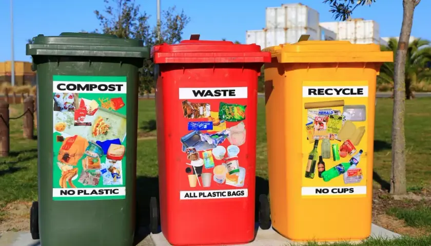 Trzy kosze na śmieci: zielony (kompost), czerwony (odpady) i żółty (recykling), z naklejkami pokazującymi przykładowe odpady.