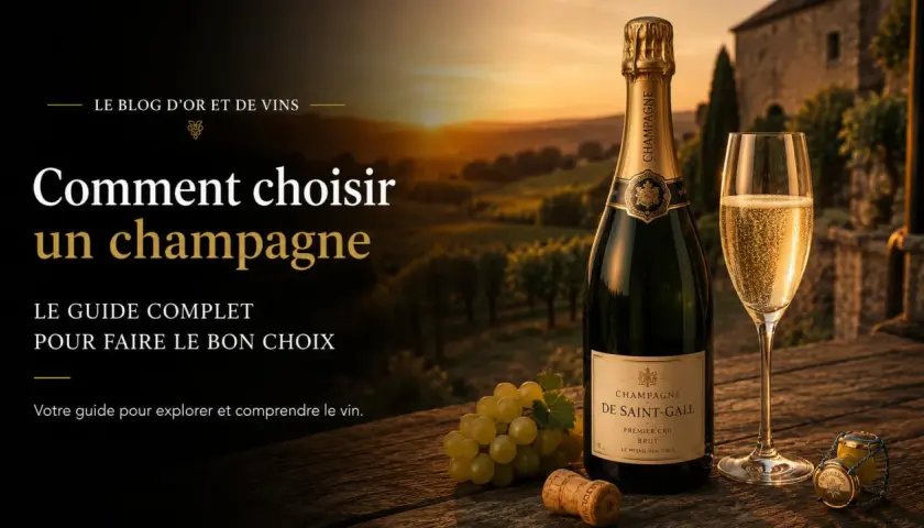 Une bouteille et un verre de champagne pétillant, prêts à être dégustés, sur fond de vignoble au coucher du soleil.
