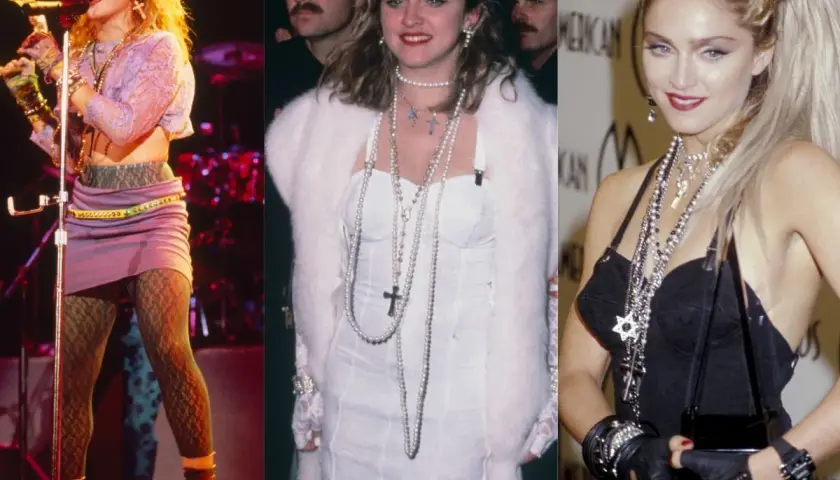 Ikony lat 80. w stylizacjach: Madonna na scenie, w białej sukni z futrem i na gali w czarnej kreacji.