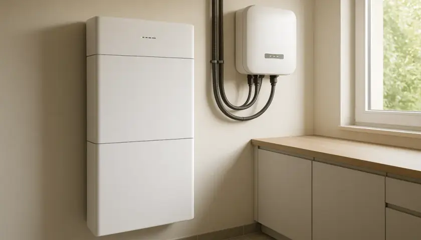 Nowoczesny system magazynowania energii elektrycznej z białym modułem bateryjnym i falownikiem na ścianie.