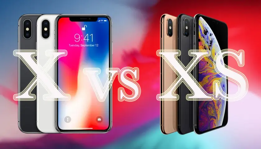 Porównanie: czym się różni iPhone X od XS. Widoczne modele iPhone X i XS w różnych kolorach, na tle gradientu.
