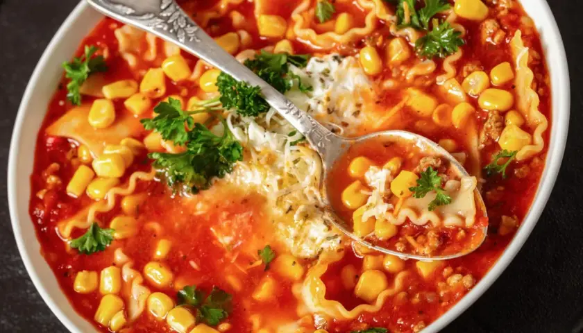 Herzhafte Lasagne Suppe mit Mais, Hackfleisch und Nudeln, garniert mit Petersilie und Käse. Eine Löffelprobe zeigt die köstlichen Zutaten.