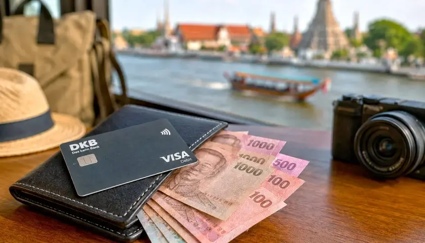 Geld wechseln in Bangkok: Thai Baht, DKB Visa Debitkarte, Hut, Tasche und Kamera liegen bereit für die Reise.