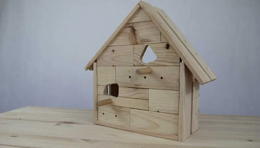 Casa de pájaros de madera, un proyecto de manualidades con entrada triangular y perchas.