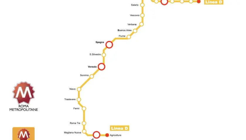 Mappa della Linea D della metro di Roma, con fermate da Jonio a EUR Magliana, passando per Trastevere.