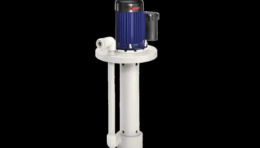 Eine vertikale Tauchpumpe mit integriertem Schwimmerschalter, blauem Elektromotor und weißem Pumpengehäuse.