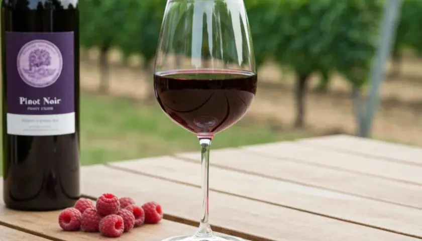 Verre de Pinot Noir, framboises et bouteille sur une table en bois, avec des vignes en arrière-plan. La température idéale pour ce vin est de 14-16°C.
