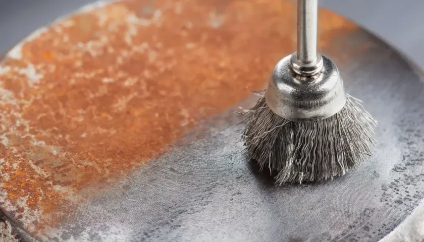 Cepillo metálico eliminando óxido de una superficie de hierro. Demostración de como quitar el oxido del hierro.