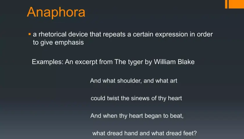 Anaphore, un procédé rhétorique pour un effet produit par la répétition. Extrait du poème "The Tyger" de William Blake.