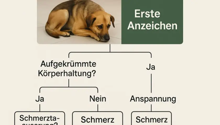 Trauriger Hund mit ersten Anzeichen von Magenproblemen: gekrümmte Haltung, Anspannung, Schmerz.