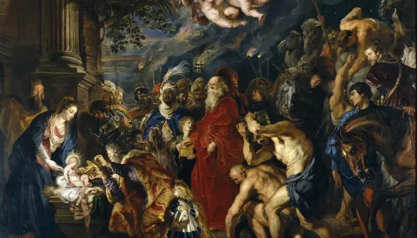 Rubens, w jednym ze swoich najsłynniejszych obrazów, ukazuje pokłon Trzech Króli. Dzieciątko Jezus, Maryja i Józef otoczeni są przez tłum ludzi i zwierząt.