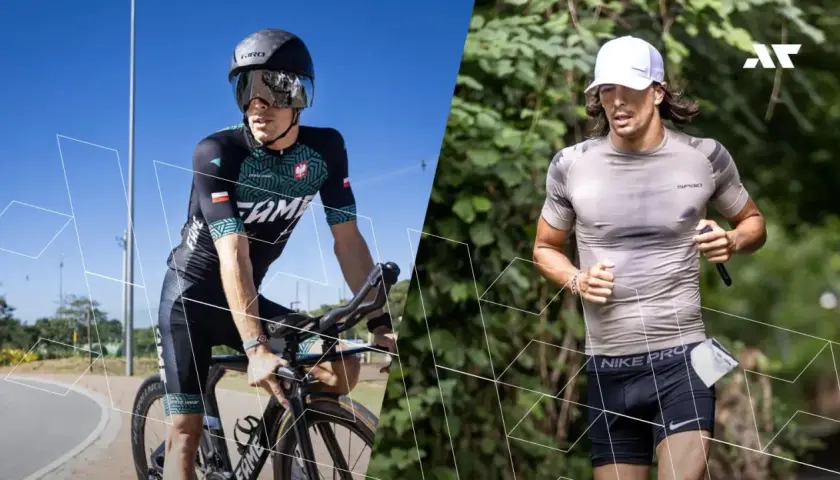 Sportowiec w stroju kolarskim i biegowym, przygotowujący się do wyzwania 10 krotny ironman.