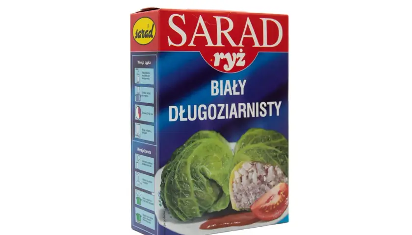 Ryż SARAD biały długoziarnisty – idealny ryż do gołąbków. Opakowanie z instrukcją przygotowania.